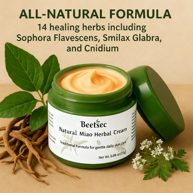 Jar of Beetsec Natural Miao Herbal Cream with herbs and flowers on a beige background