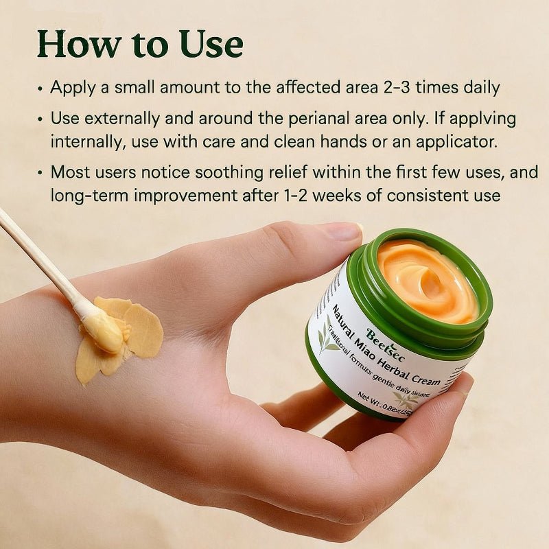 Hand applying cream to a small area with a container of cream and a brush, and text on how to use the cream.