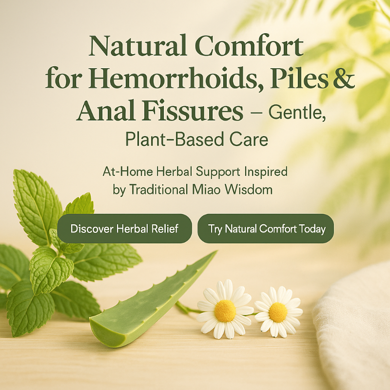 Advertisement for natural remedies for hemorrhoids with herbs and flowers on a light background